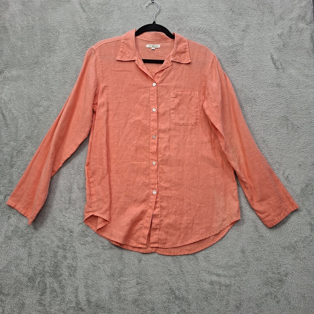 Shibumi Linen Blouse S Button‎ Up Coral Beachy Boho Travel Made In USA FADED
